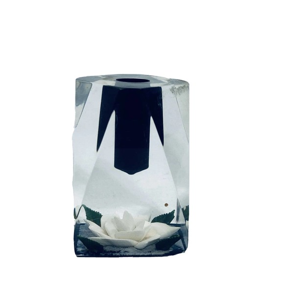 Vintage Clear Lucite Bircraft White Rose Candle Holder Paperweight USA Resin 3” - Picture 2 of 12